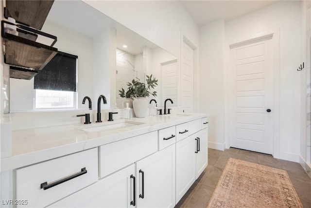 full bathroom featuring a sink, walk in shower, recessed lighting, and double vanity