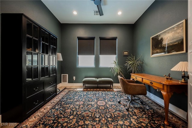 office with a ceiling fan, baseboards, visible vents, and recessed lighting