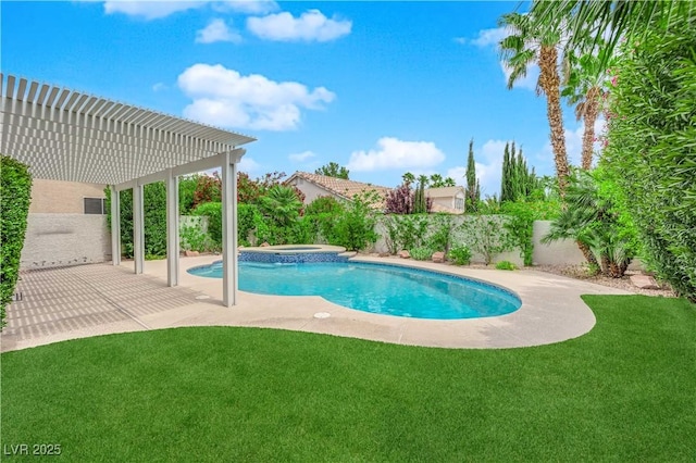 view of swimming pool with a fenced in pool, a fenced backyard, an in ground hot tub, a lawn, and a patio