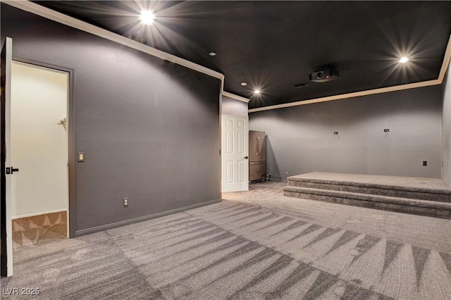 home theater room with carpet floors, recessed lighting, and baseboards