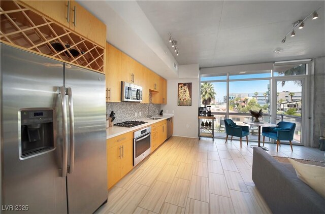 353 E Bonneville Ave Unit 215, Las Vegas, NV 89101 - kitchen featuring a sink, track lighting, decorative backsplash, light countertops, and appliances with stainless steel finishes