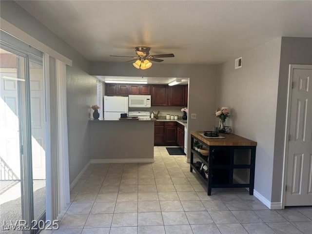 4965 Indian River Dr Unit 101, Las Vegas, NV 89103 - kitchen with a peninsula, ceiling fan, light tile patterned flooring, and white appliances