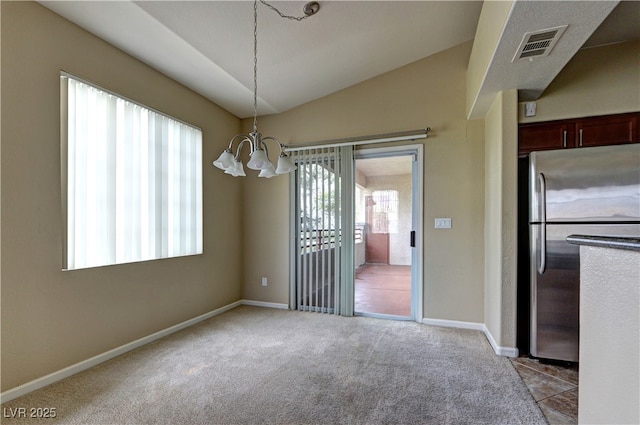1608 Sussex St Unit 204, Las Vegas, NV 89144 - unfurnished dining area with an inviting chandelier, carpet flooring, baseboards, and visible vents