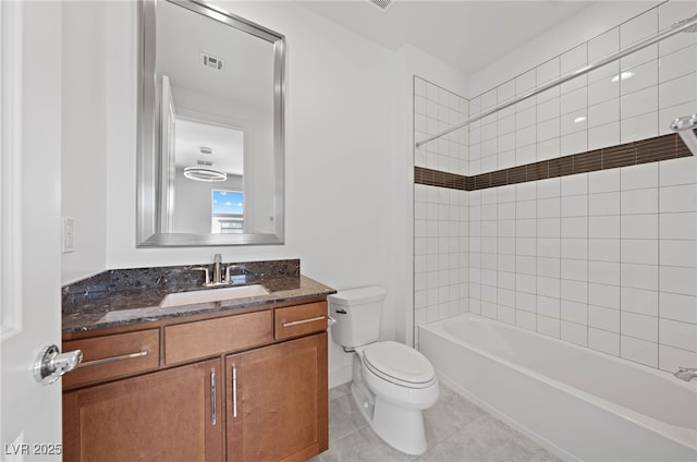 full bath featuring tile patterned flooring, vanity, toilet,  shower combination, and visible vents