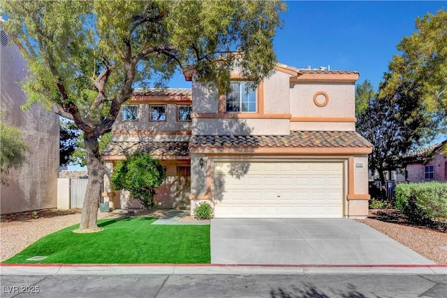 mediterranean / spanish-style home with a front lawn, a tile roof, a garage, stucco siding, and driveway