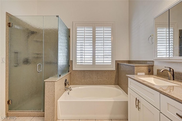 1574 Livingston Dr, Henderson, NV 89012 - bathroom with a garden tub, vanity, a shower stall, and tile patterned flooring