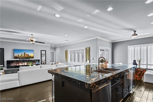 kitchen with a sink, ceiling fan, and crown molding
