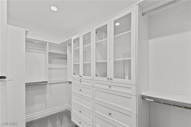 spacious closet featuring dark carpet