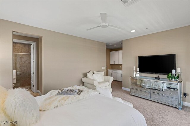 bedroom with light carpet, ensuite bath, recessed lighting, baseboards, and visible vents