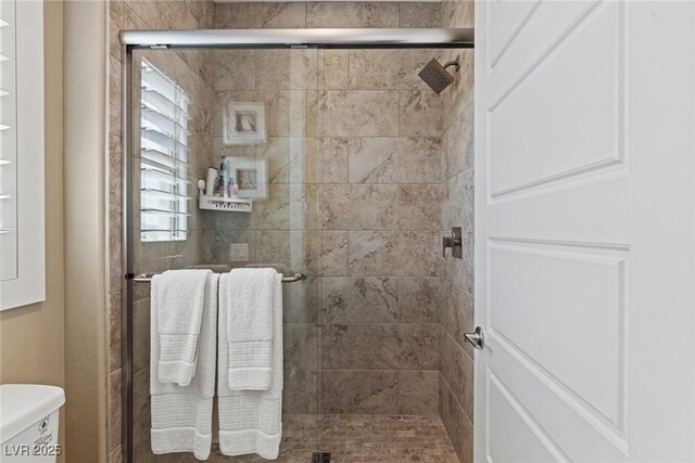 bathroom with a stall shower and toilet