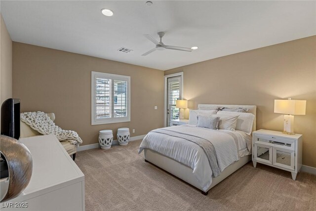 bedroom with baseboards, a ceiling fan, recessed lighting, and light colored carpet