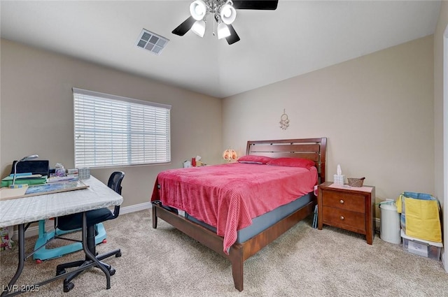 bedroom featuring baseboards, carpet, a ceiling fan, and visible vents