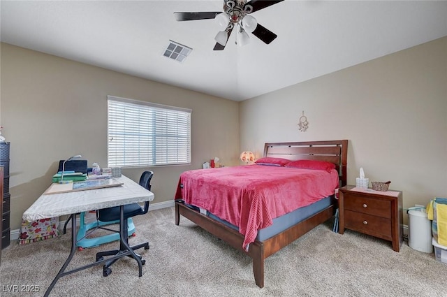 bedroom featuring a ceiling fan, baseboards, visible vents, and carpet