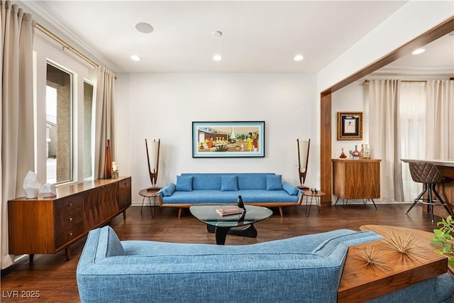 living area featuring recessed lighting, a wealth of natural light, and wood finished floors