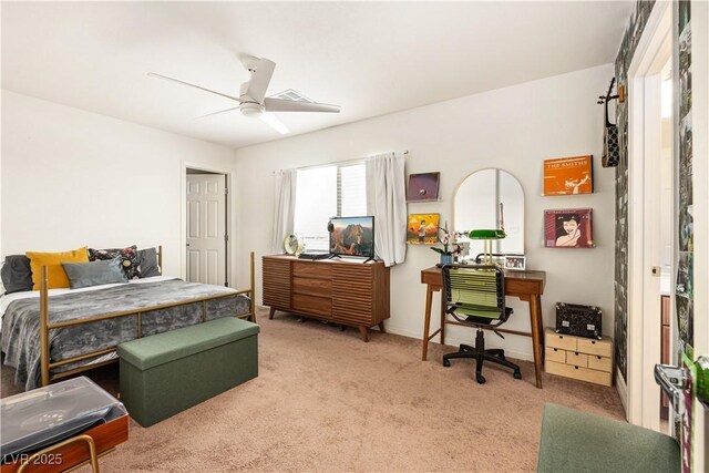 bedroom featuring carpet floors, ceiling fan, and baseboards