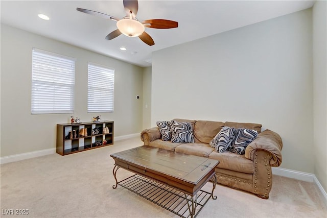 living room with carpet floors, a ceiling fan, baseboards, and recessed lighting