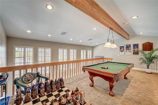 3151 Coachlight Cir, Las Vegas, NV 89117 - game room featuring lofted ceiling with beams, carpet, recessed lighting, pool table, and visible vents