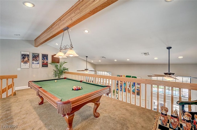 3151 Coachlight Cir, Las Vegas, NV 89117 - rec room with carpet flooring, a ceiling fan, recessed lighting, vaulted ceiling with beams, and visible vents