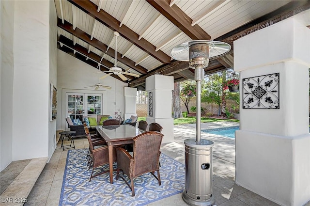 3151 Coachlight Cir, Las Vegas, NV 89117 - view of patio with ceiling fan, fence, outdoor dining area, french doors, and a fenced in pool