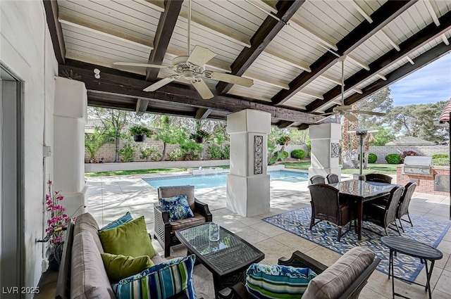 3151 Coachlight Cir, Las Vegas, NV 89117 - view of patio / terrace featuring a fenced backyard, an outdoor hangout area, area for grilling, a ceiling fan, and outdoor dining space