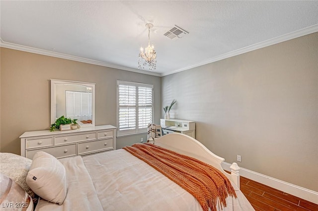 3151 Coachlight Cir, Las Vegas, NV 89117 - bedroom featuring crown molding, a chandelier, baseboards, wood finished floors, and visible vents