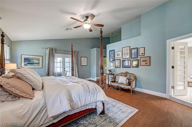 3151 Coachlight Cir, Las Vegas, NV 89117 - bedroom with visible vents, wood finished floors, baseboards, french doors, and vaulted ceiling