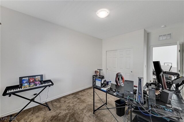 interior space featuring visible vents, carpet, and baseboards