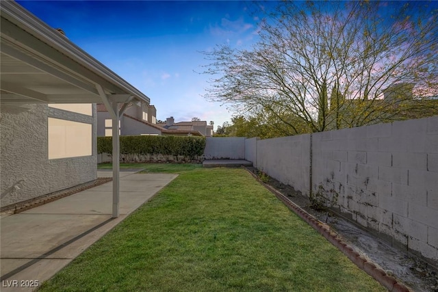 view of yard featuring a fenced backyard and a patio area