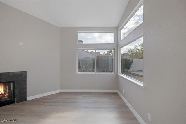 interior space with baseboards, a fireplace, and wood finished floors