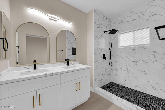 2007 Cutlass Dr Unit 0, Henderson, NV 89014 - bathroom with a sink, a marble finish shower, double vanity, and wood finished floors