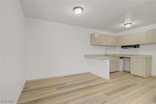 kitchen featuring light countertops, baseboards, a sink, a peninsula, and light wood-style floors