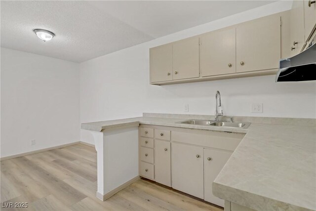 kitchen featuring a textured ceiling, a sink, light countertops, baseboards, and light wood-style flooring