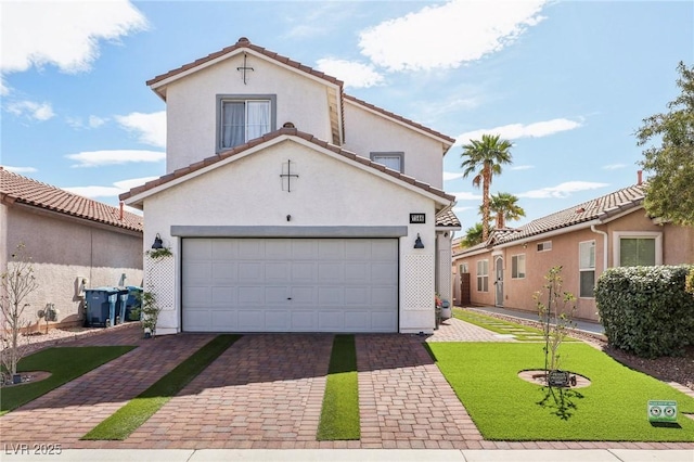 7566 Hope Valley St, Las Vegas, NV 89139 - mediterranean / spanish house with a tile roof, a garage, stucco siding, a front yard, and decorative driveway