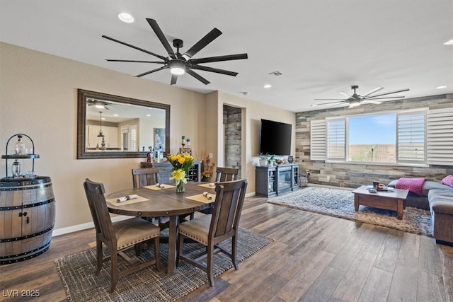 dining room with ceiling fan, recessed lighting, wood finished floors, and visible vents