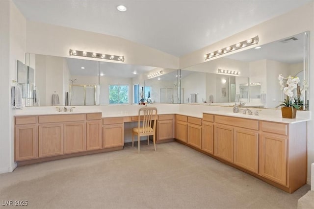 full bath featuring vanity, recessed lighting, carpet, and visible vents