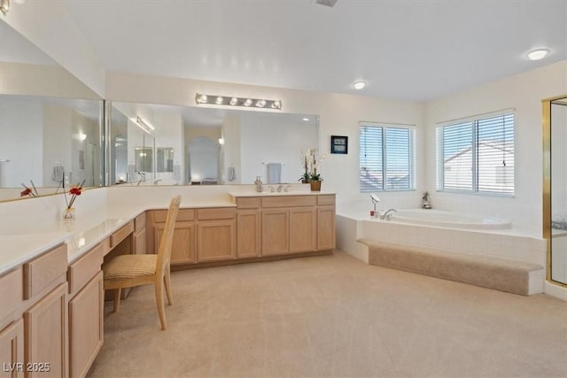full bath featuring vanity, a shower with door, and a bath