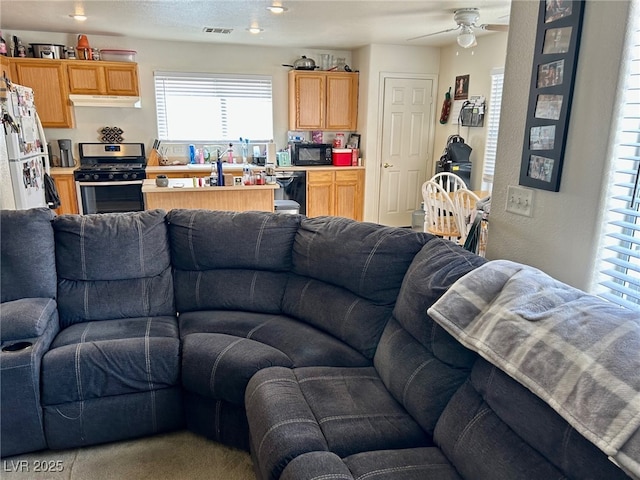 living area with visible vents and ceiling fan