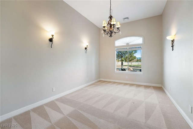 empty room featuring visible vents, lofted ceiling, light carpet, baseboards, and a notable chandelier