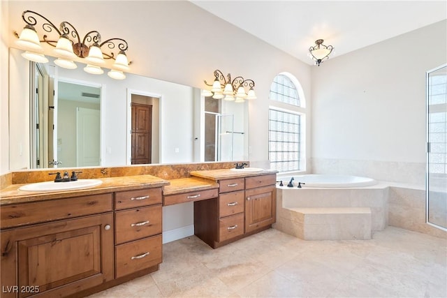 bathroom featuring a bath, visible vents, a stall shower, vanity, and tile patterned floors