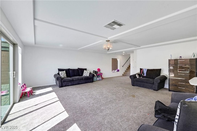 9045 Knots Estate St, Las Vegas, NV 89139 - carpeted living room with visible vents and stairs