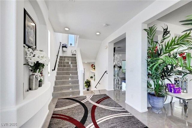 9045 Knots Estate St, Las Vegas, NV 89139 - entrance foyer featuring recessed lighting, baseboards, and stairway