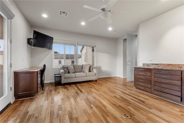 1911 Alcova Ridge Dr, Las Vegas, NV 89135 - living area with ceiling fan, visible vents, baseboards, recessed lighting, and light wood-style flooring