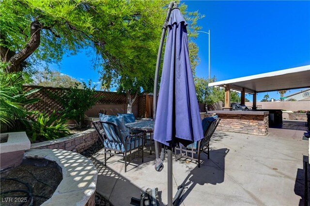 view of patio / terrace with a fenced backyard, outdoor dining area, and an outdoor kitchen