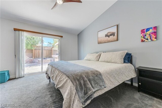 bedroom featuring access to outside, a ceiling fan, carpet floors, and vaulted ceiling