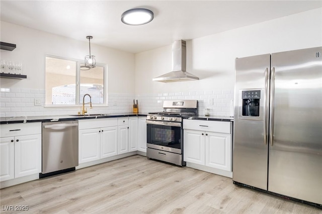 4471 Wisconsin Ave, Las Vegas, NV 89104 - kitchen with wall chimney range hood, stainless steel appliances, dark countertops, and a sink