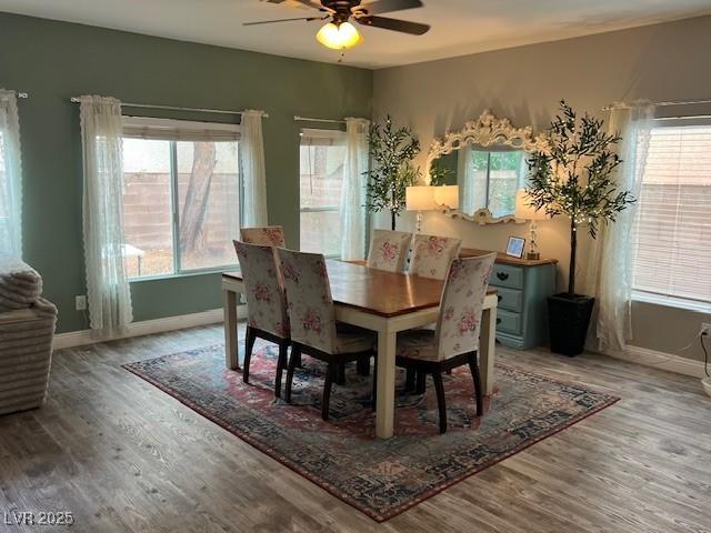 dining room with baseboards, a wealth of natural light, ceiling fan, and wood finished floors