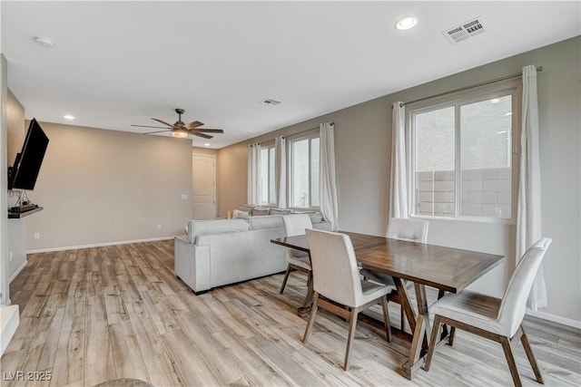 dining space with visible vents, baseboards, ceiling fan, recessed lighting, and light wood finished floors