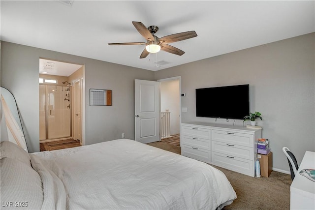 bedroom with connected bathroom, baseboards, light colored carpet, and ceiling fan