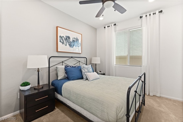 carpeted bedroom featuring baseboards, recessed lighting, and ceiling fan