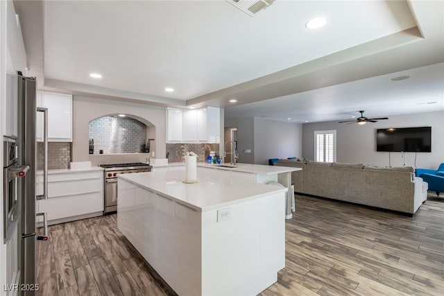 kitchen with a sink, high end stove, decorative backsplash, and light wood-type flooring